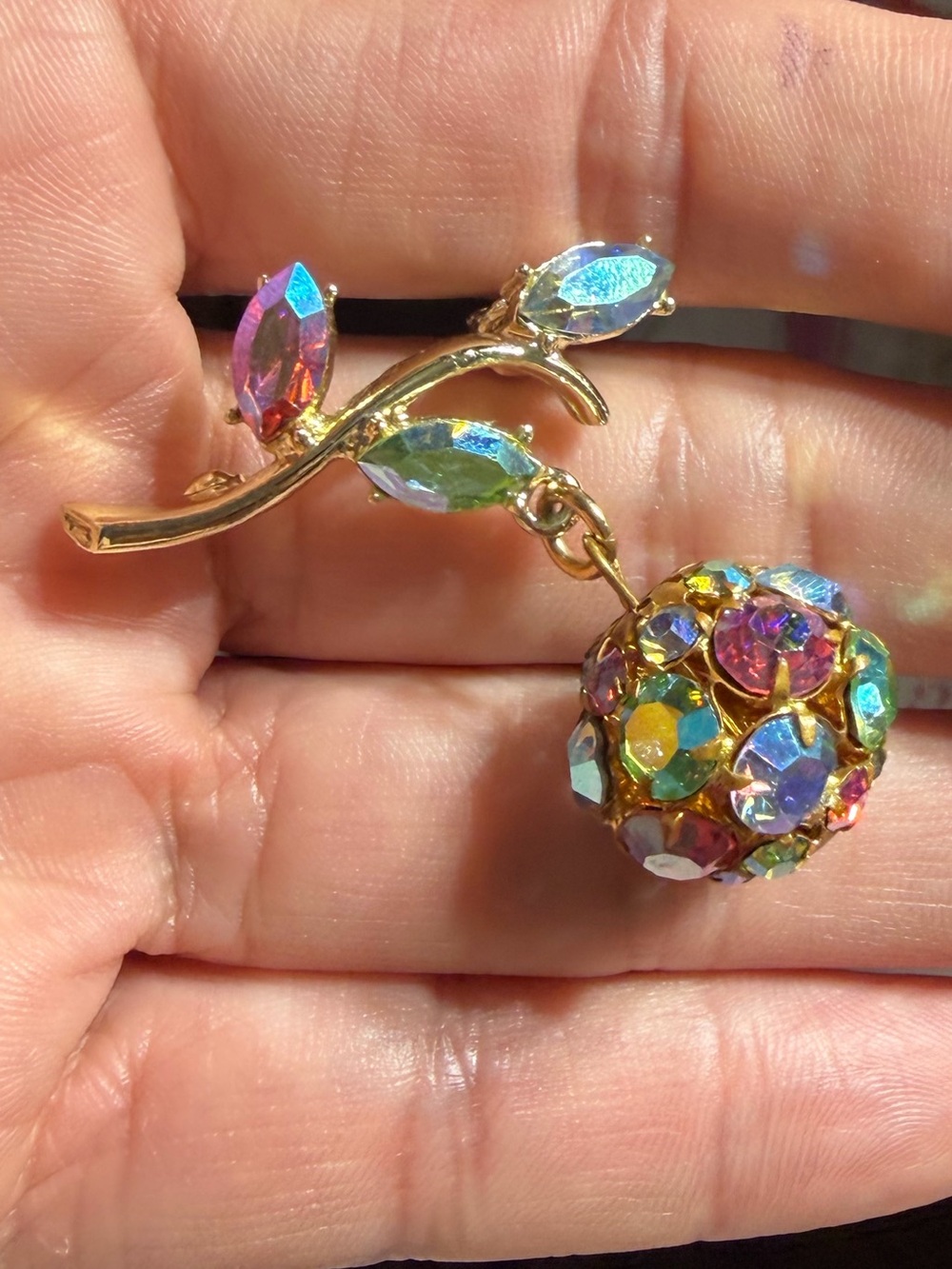 Vintage Gold Tone Aurora Borialis Branch Ball Rhinestones Brooch